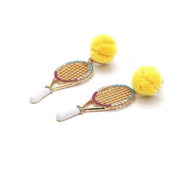 Creative Tennis Racket Statement Earrings 2021 New Woman Trend Hairball - Picture 3 of 6